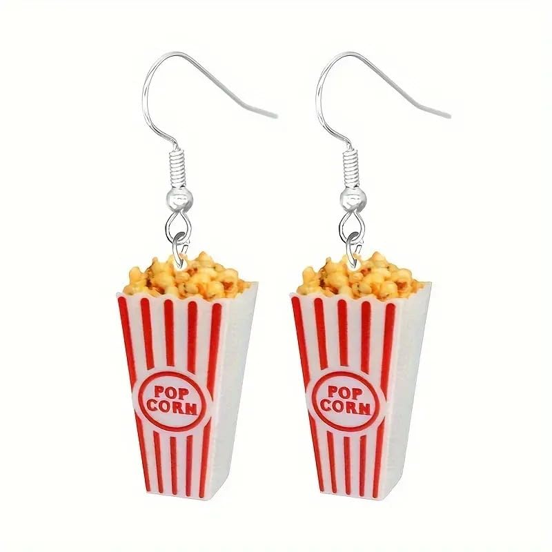Generic Popcorn Tub Movie Night Theatre Blockbuster Butter Popcorn Fun Novelty Earrings Food Cartoon Snacks Drop Hoop Earrings