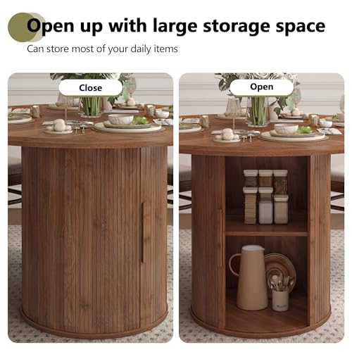 Image of weselon 47 inch Round Dining Table for 4, Kitchen Table Dinner Table with 2-Layer Storage Shelf and Wood Slide Door for Home Dining Room Living Room (Walnut)