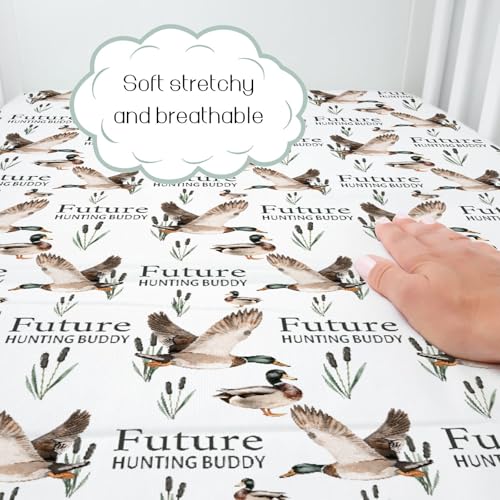 Image of HawSkgFub Future Duck Hunting Buddy Fitted Standard Crib Sheet for Baby Boy, Mallard Duck Hunter Wild Animal Lake Toddler Mattress Cover, Soft Stretchy Nursery Bed Sheets Decor Kids Gift 52 inch x 28 inch
