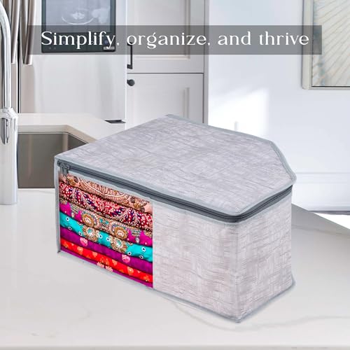 Image of Kuber Industries Blouse Cover | Clothes Storage Bag | Zipper Closure Wardrobe Organizers | Clothes Organizer With Transparent Window | Jute Printed Clothes Bag | Pack Of 3 | Gray, 40 x 27 x 20 Cm