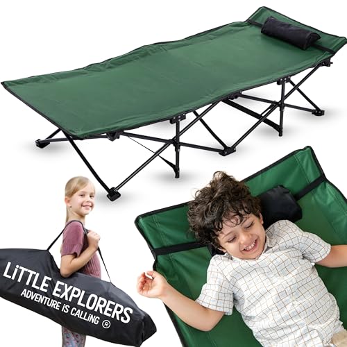 LITTLE EXPLORERS Kids cot, Child Camping and Travel Cot, Kids Cots for Sleeping, Foldable Bed for Kid, Includes Pillow and Bag | Age 3-12 | 60inch