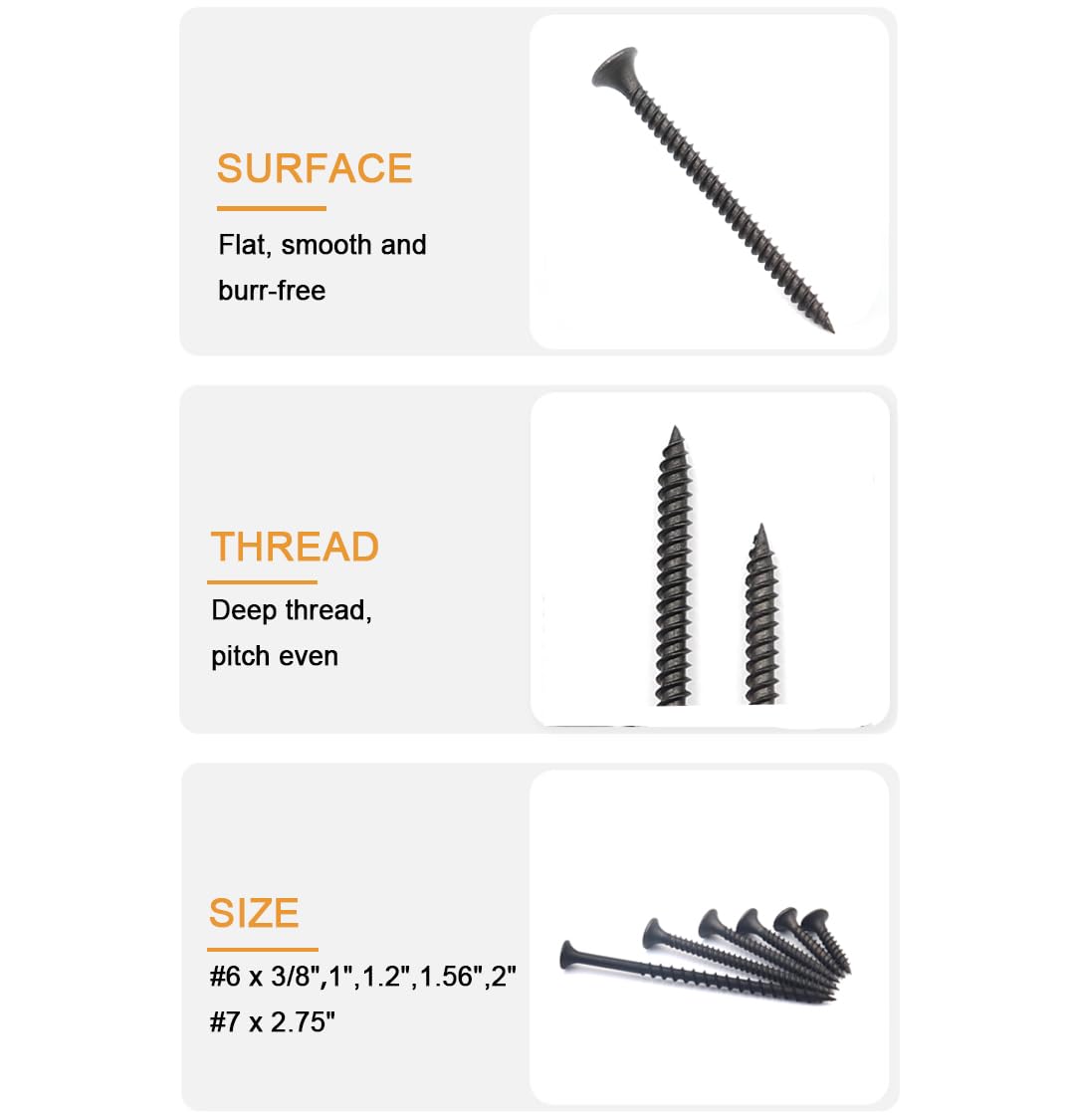 Drywall Screws, #6#7 Black Wood Screws, Screws Assortment Kit, Coarse Thread Sheetrock Screws Set, Phillips Drive Self Tapping Dry Wall Screws,170 Pcs, 3/8"/ 1" / 1.2" / 1.56" / 2"/ 2.75"