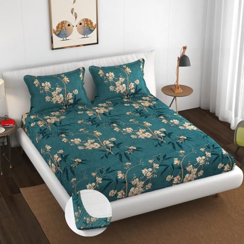 Image of Premium Heavy Cotton Elastic Fitted Bedsheets with 2 King Size Pillow Covers | Double Bed with All Around Elastic 350 TC | 72 x 72 x 10 Inch Queen Size Fitted | :- Green Flower