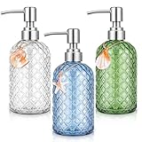 LemonRoad Coastal Soap Dispenser Set 3pcs - 14oz Glass with 304 Stainless Steel Pump, Ocean Themed with Seashell Starfish for Kitchen Bathroom Decoration, Blue Green and Transparent