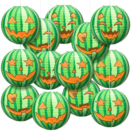 Fumete 16pcs Summer Halloween Decorations Watermelon Paper Lanterns Summer Halloween Party Favors Hanging Pool Paper Lanterns Beach Luau Tropical Birthday Hanging Decor Indoor Outdoor