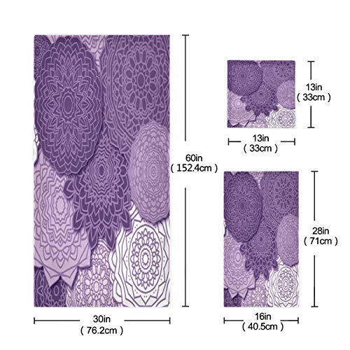 Qilmy 3-Piece Purple Mandala Towel Set, Absorbent Soft Bathroom Decorative Towel Set With Bath Towel, Hand Towel & Washcloth #TOP2