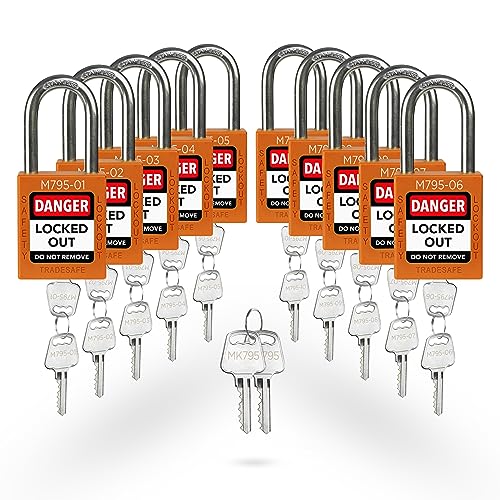 Image of TRADESAFE Lockout Tagout Locks Set with Master Keys - 10 Orange Loto Locks Keyed Different, OSHA Compliant Lock Out Tag Out Padlocks for Lockout Tagout Kit, 2 Keys Per Lock