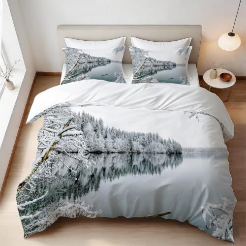 Housse de couette microfibre douce motif 3D forêt enneigée - 2