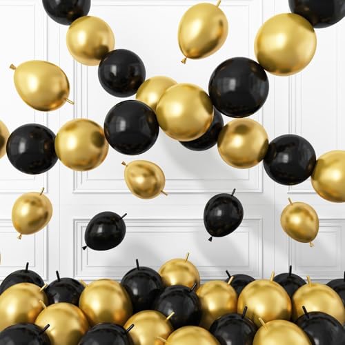 Image of Black Gold Link Balloons,60Pcs 6Inch Metallic Gold and Black Latex Linking Balloons for New Year Eve Graduations Birthday Baby Shower Wedding Anniversary Party Decorations