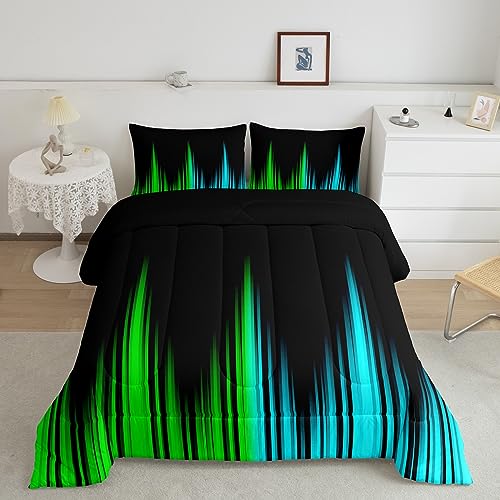 Image of Teel Blue and Green Comforter Set Queen Size, Abstract Ombre Comforter Ombre Striped Comforter for Kids Boys Girls Ombre Duvet Set Breathable Bed Set 3Pcs