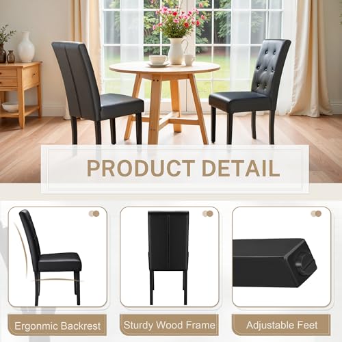 Image of Furmax Upholstered Dining Chairs Set of 2, PU Leather Dinning Room Chairs, Button Tufted Kitchen Chairs with Adjustable Wood Legs for Dining Room /Living Room /Restaurant (Leather Black, 2)