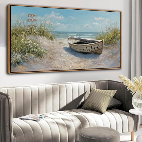 Image of AJAZIKO Coastal Canvas Wall Art Paintings - Beach Wall Pictures for Living Room with and Ocean Themes - Boat Wall Decor and Ocean Wall Art for Home Artwork for Walls 24x48IN