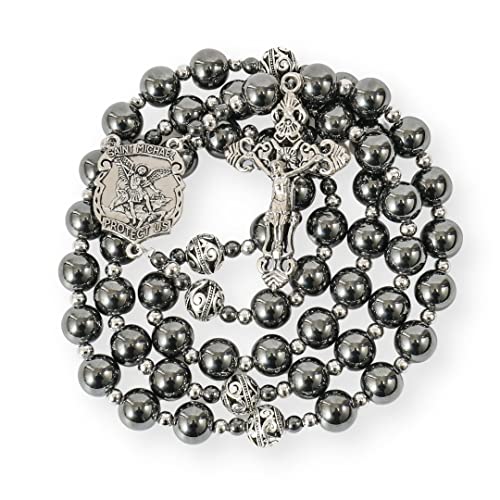 Nazareth Store Saint Michael Rosary Black 10mm Hematite Beads Prayer Necklace Metal Mystery Beaded Men Rosary with Silver Crucifix
