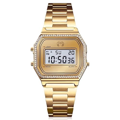 Montre pour femme. Montre numérique classique pour femme à bracelet, style vintage, sertie de zircons brillants, étanche à 3 ATM, finition sophistiquée et élégante. Montre bracelet (Or)