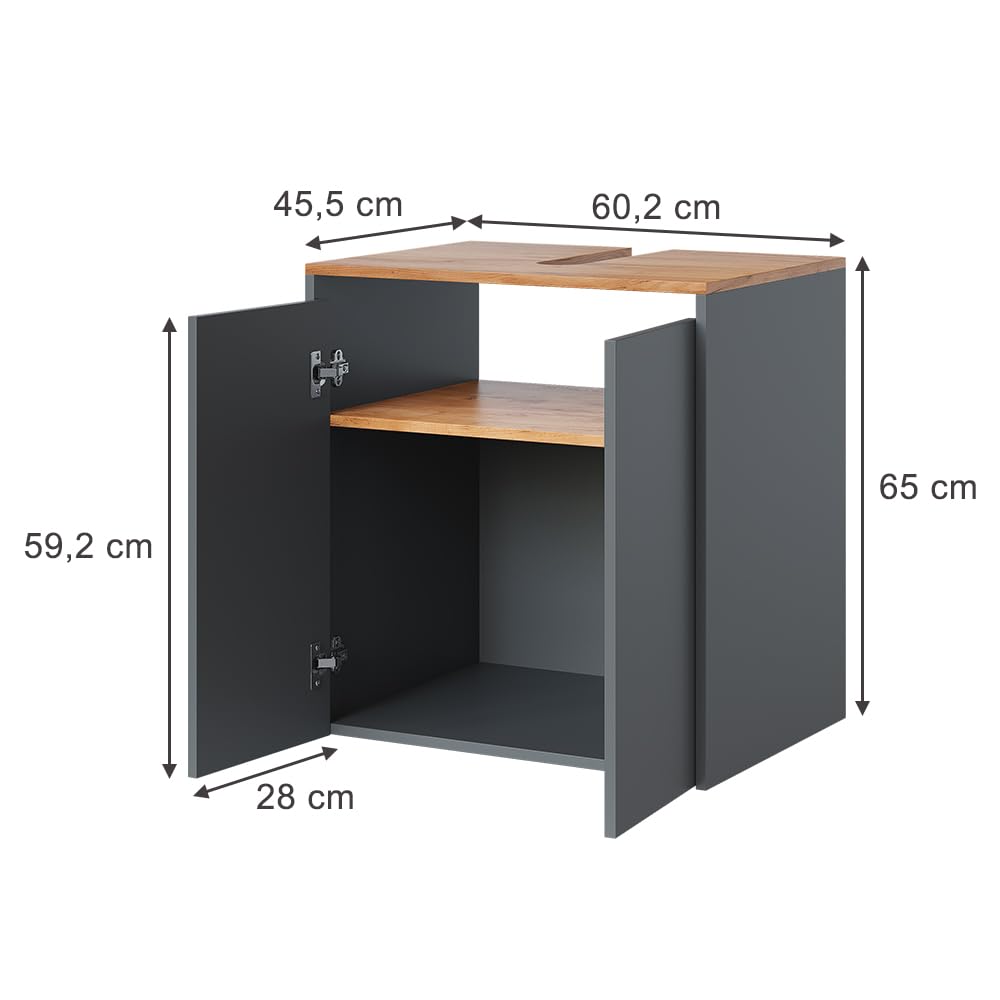 Vicco Szafka pod umywalkę "Viktor", Antracyt/złoty dąb, 60.2 x 65 cm | z wycięciem na syfon i regulowaną półką