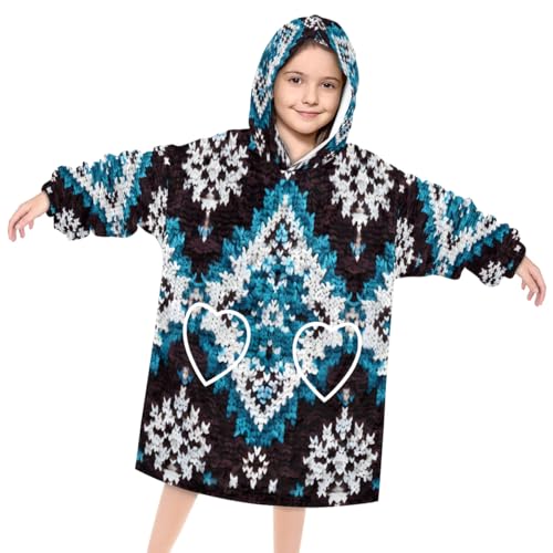 Wearable Blanket Hoodie for Kids, Blue Geometry Aztec Fleece Sweatshirt Blanket Oversized Blanket Sweatshirt with Pocket Flannel Warm Hooded Blanket 6-10 Year Old Girl Boy Gift, One Size