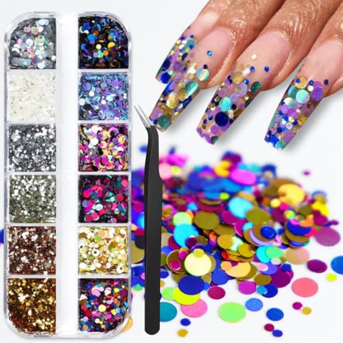 1 Box 12 Color Holographic Circle Nail Glitter Rings Nail Sequins 3D Silver Gold Nail Flakes Sparkly Glitter Flakes Shiny Nail Glitter Colorful Nail Sequins Glitter for Nails Art 12 Grids