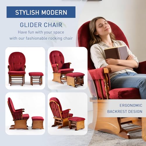 Image of Solid Wood Glider Rocking Chair with Ottoman, Warm Oak Frame with Plush Maroon Upholstery, Quiet Smooth Glide for Nursery, Living Room, Bedroom, Reading & Relaxing