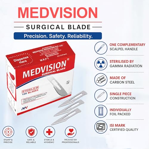 Image of Surgical Blades, 100 pieces sealed box, one complementary scalpel handle,sterilised by Gamma Radiation, made of carbon steel, single piece individually foil pack,ISI mark,made in India,surgeon /doctor scalpel blade for medical and industrial use, all sizes to choose from in options (15)