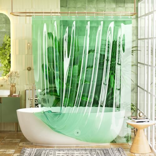 Image of Bathway Shower Curtain Liner, Clear Shower Curtain Liner Green 72x72 PEVA Waterproof Shower Curtain Liner Plastic with 3 Magnets and 12 Rustproof Metal Grommets, Lightweight Shower Liner for Bathroom