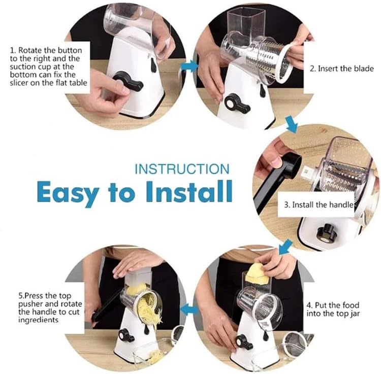 Miniatura 5 de Rallador rotativo de queso, triturador de queso, rallador de queso con mango con 3 cuchillas intercambiables, para queso, papa, fruta, nueces,
