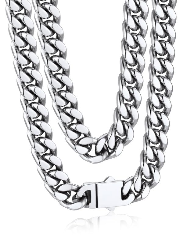 Bandmax Mens Stainless Steel Chain Necklaces 5/7/9/12MM Chunky Miami Cuban Link Chain Necklace Bracelet Silver/Gold Plated/Black Chains for Men 18"-30"