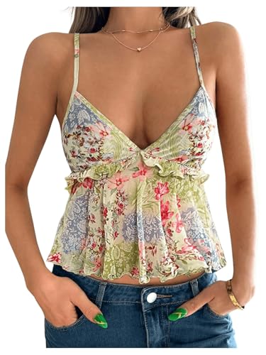 Milumia Women's Summer Floral Mesh Cami Crop Top V Neck...