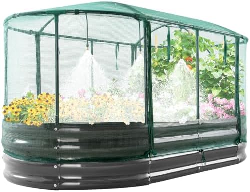 Quictent Galvanized Raised Garden Bed Kit with Self Watering System and Mesh Cover, Large Oval Metal Outdoor Planter Garden Boxes for Vegetables Herbs Flowers, 6x3x1Ft