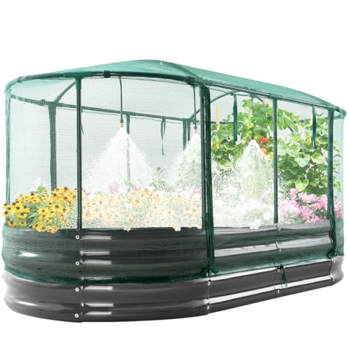 Quictent Galvanized Raised Garden Bed Kit with Self Watering System and Mesh Cover, Large Oval Metal Outdoor Planter Garden Boxes for Vegetables Herbs Flowers, 6x3x1Ft 6x3x1 FT Self Watering