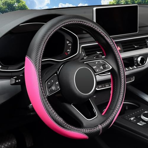 LABBYWAY Microfiber Leather Auto Car Steering Wheel Cover, Universal Fit 15 Inch Anti-Slip Wheel Protector, Pink