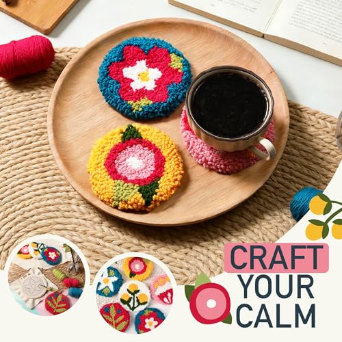 Image of Emri Lane Punch Needle Kit - 6 Floral Design Punch Needle Embroidery Kit w /Monk Cloth, Embroidery Hoop, Yarn & More - Essential Punch Needle Supplies for Crafters - Ideal Punch Art for Beginners