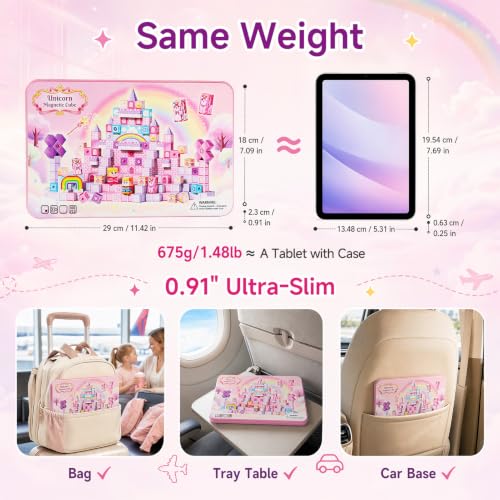 hunloot Unicorn Magnetic Cubes for Travel: 100 PCS Castle Princess Playset with Tin Storage Case - Strong Building Toy Blocks for Girls Toddlers Ages 3-8 - Car Airplane Activity Game - Image 7