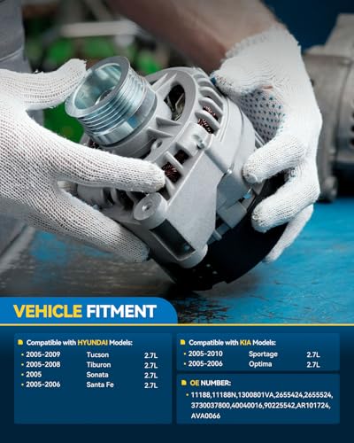 Image of PHILTOP Alternator Compatible With 2005-2010 Kia Sportage, 2005-2009 Hyundai Tucson, 2005-2006 Santa Fe, 2005 Sonata, 2005-2008 Tiburon, 2005-2006 Optima 2.7L V6 11188N | Fits 2005-2006 Hyundai Santa Fe V6 2.7L, 2005-2010 Kia Sportage V6 2.7L, Replacement OE 3730037800, 11188, 11188N, 1300801VA