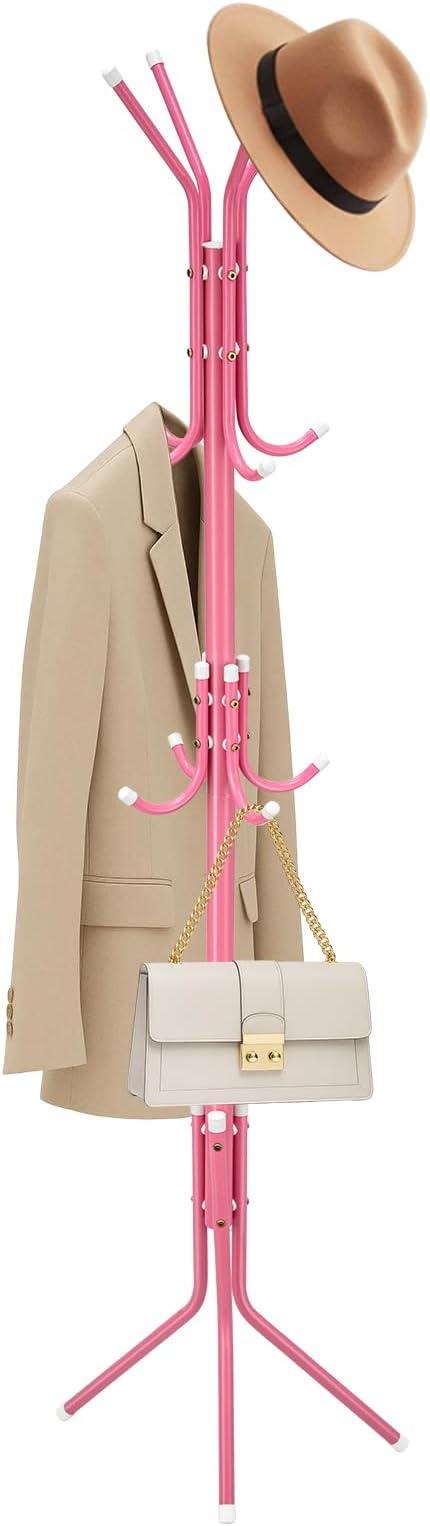 Coat Rack Stand Cloak Rack Metal Hanger with 12 Hooks Clothes Rack 3 Tier Freestanding Storage Holder Hat Handbag Jacket Umbrella Hanging Organiser for Homes Office Entryway Hallway Pink