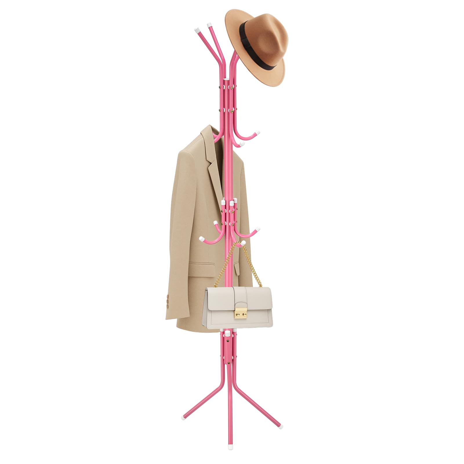 Coat Rack Stand Cloak Rack Metal Hanger with 12 Hooks Clothes Rack 3 Tier Freestanding Storage Holder Hat Handbag Jacket Umbrella Hanging Organiser for Homes Office Entryway Hallway Pink