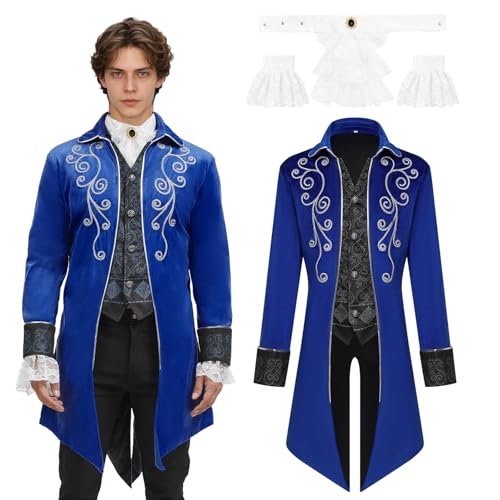 JDFAIJEAL Manteau de frack médiéval, steampunk, pour homme, style vintage, victorien, gothique et Halloween, pirate, vampire, cosplay (bleu, taille XXL)