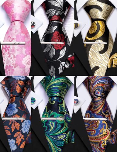 Image of Barry.Wang 6 PCS Men Ties Set Silk Business Fashion Woven Necktie Handkerchief Cufflinks Paisley Stripe Wedding Party