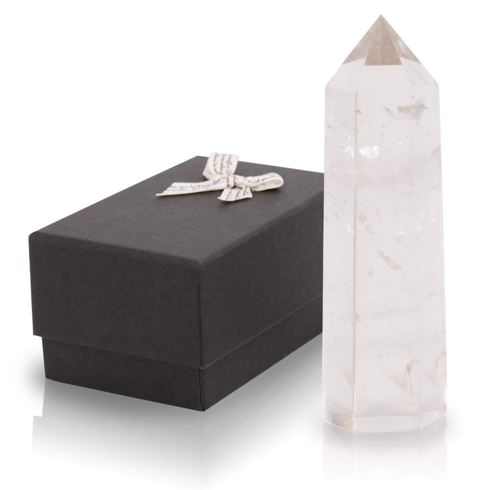 CASMONVarita de cuarzo transparente de 3.2 a 3.5 pulgadas, torre de vidrio curativo natural, grande, 6 puntos de prisma facetados con caja de regalo para Reiki, colección, decoración del hogar