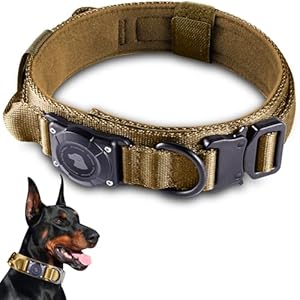 2025 Upgrade Waterproof AirTag Dog Collar, Military Tactical Dog Collar with AirTag Holder, Comfortable Control Handle and Metal Buckle, GPS Dog Collar Holder for Medium to Large Dogs (Khaki,L)