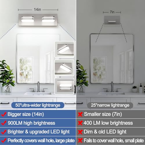 Image of Torondo 360 Rotate LED Bathroom Vanity Light Fixtures, Acrylic Vanity Lights for Bathroom, Modern Wall Lighting Fixtures Over Mirror Living, Brushed Nickel, Natural White, 2-Light, 14-Inch