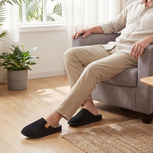 VeraCosy Herren Cord Pantoffeln gemütlich Anti-Rutsch-Gedächtnisschaum Hausschuhe mit Koralle Fleece-Futter Dunkles Schwarz,42-43 EU