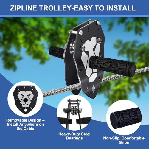 ZEROMX 75ft/100ft/120ft/150ft Zip Line Kit for Kids and Adults Up to 380lb – Upgraded Removable Lion Trolley, 6.5ft Spring Brake, Tree Protectors, Safety Harness & Seat – Zipline Kits for Backyard