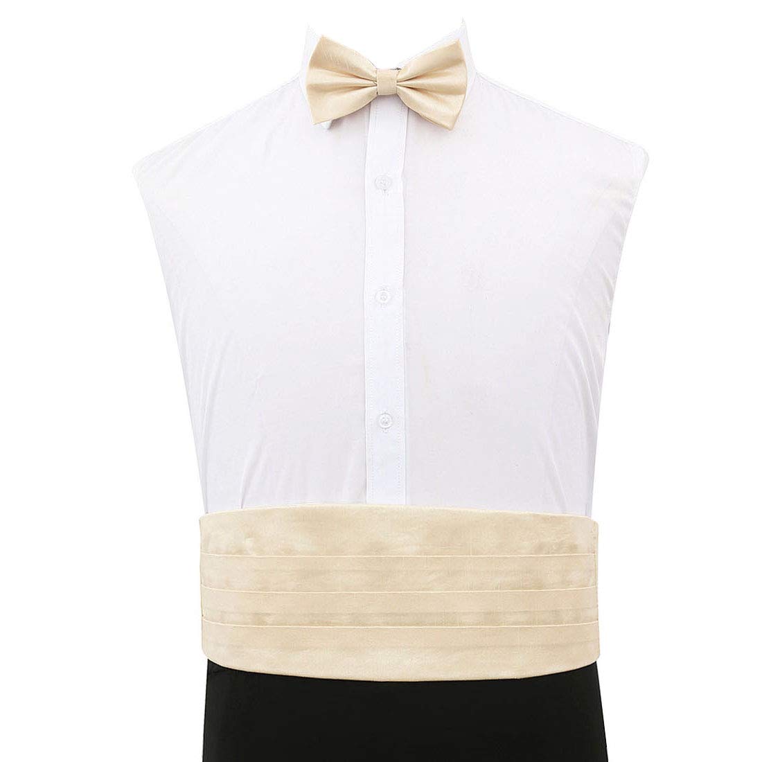Dqt Men's Beige Plain Shantung Pre-Tied Bow Tie & Cummerbund Set - Wedding Tuxedo Formal