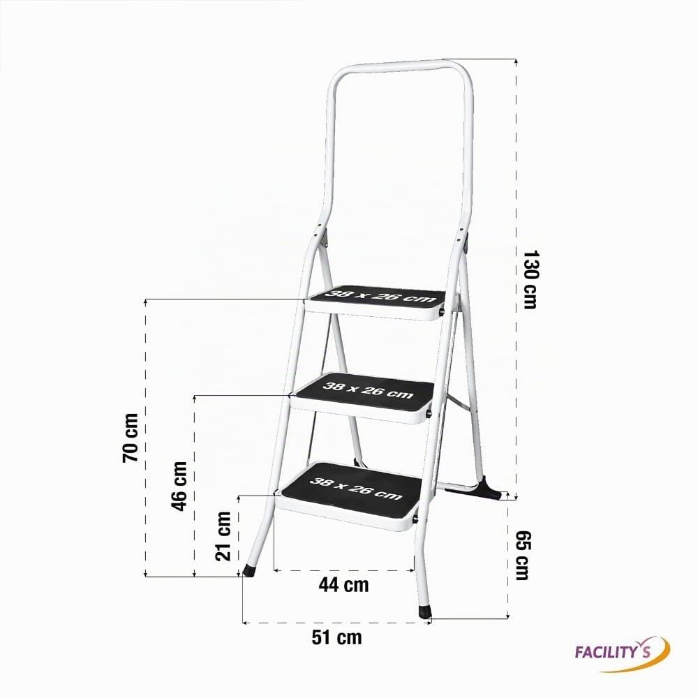 FACILITYS - Escalera de 3 Peldaños, Plegable de Acero Sólido y Estable - Taburete Plegable, Carga 150 kg - Plataforma de Trabajo, Antideslizante y Cómoda 38,5 x 26 cm - 3ª Altura a 70 cm