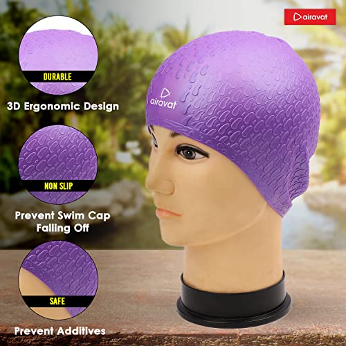 Image of Airavat Swim Bubble Cap, Silicone Swim Cap, Comfortable Bathing Cap Ideal for Curly Short Medium Long Hair, Swimming Cap for Women and Men (Purple)