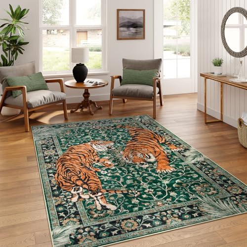 Moynesa Tiger 5x7 Area Rug, Boho Washable Living Room Rug, Non Slip Green Rugs for Bedroom, Ultra Thin Vintage Soft Stain Resistant Throw Floor Carpet for Office Dining Room