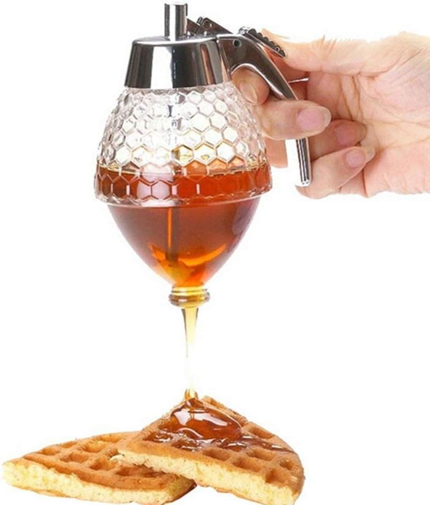 In This Space Honey and Syrup Dispenser, 200ML Honey Dispenser Jar Container Acrylic Storage Pot - No Drip, Moderate Flow, 8Oz(Equipped with 3 Silicone Plugs).