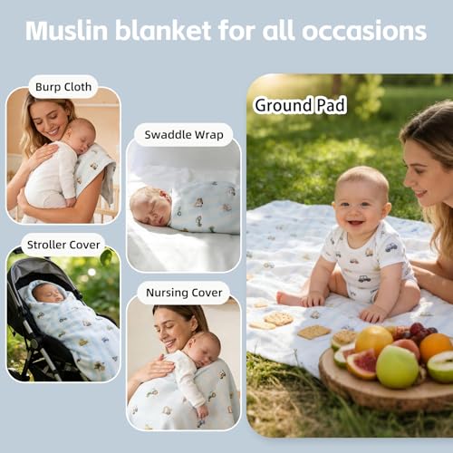 Image of LifeTree Baby Swaddle Blankets, Boys Girls Muslin Swaddling Wrap Receiving Blanket for Newborn, 70% Viscose from Bamboo and 30% Cotton, Large 47 inch x 47 inch, Car and Checkered