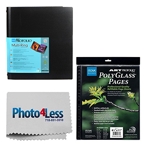 Itoya Art Portfolio Multi-Ring Refillable Binder + Itoya Art Portfolio Polyglass Refill Pages+ Cleaning Cloth + Deluxe Presentation Bundle (8.5 X 11)