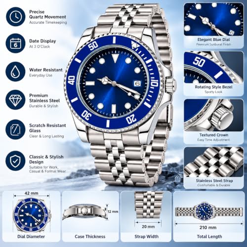 Image of ALNA-TURA Luxury Men's Analog Watch Stainless Steel Bracelet Black Dial Date Display Stylish Wrist Watch for Men Birthday Wedding Gift